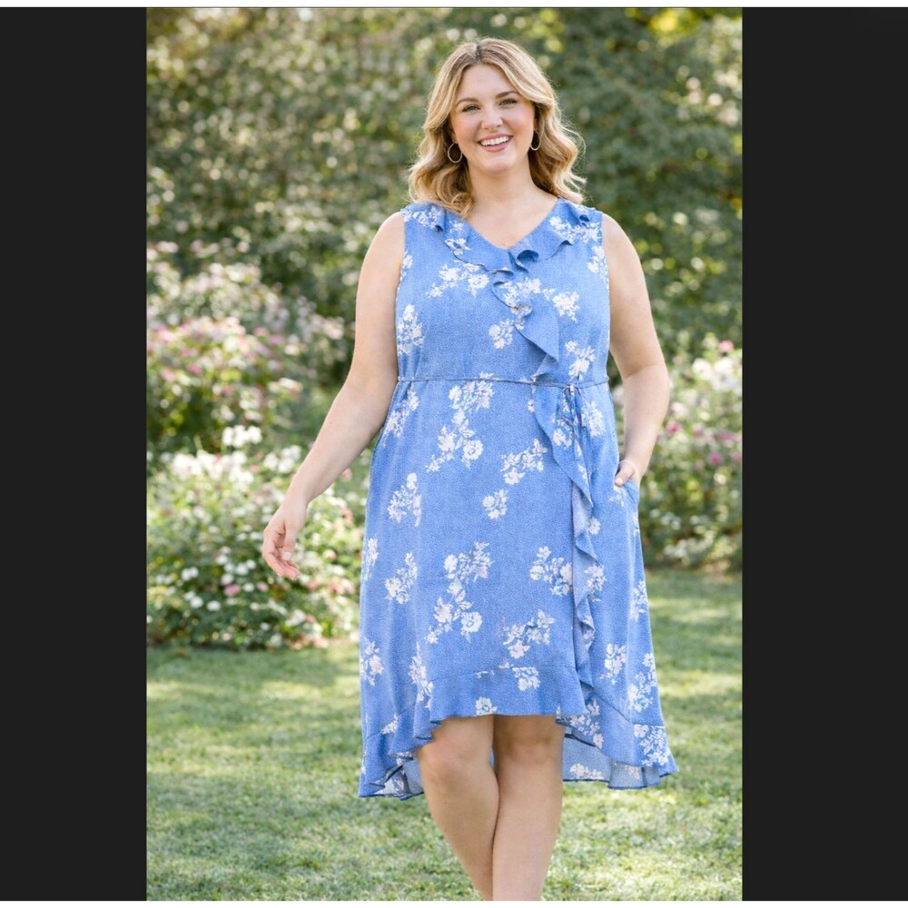 Croft & Barrow Dress 1X Blue Floral Mini Dot Ruffle Tie Faux Wrap Pocket Cottage